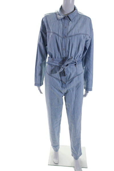 Over Lover Womens Button Down Long Sleeve Jumpsuit Blue Size Small