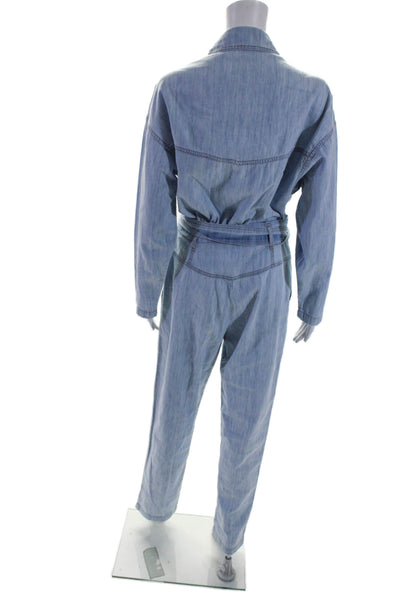 Over Lover Womens Button Down Long Sleeve Jumpsuit Blue Size Small