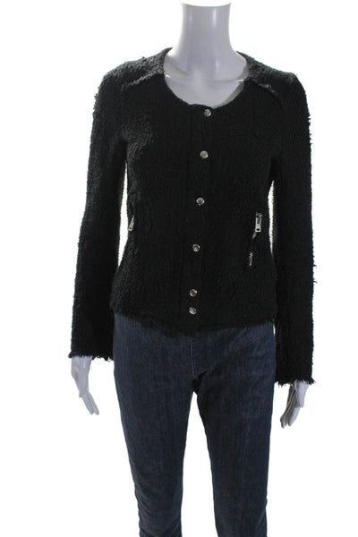 IRO Womens Cotton Tweed Frayed Hem Long Sleeve Short Jacket Black Size 1