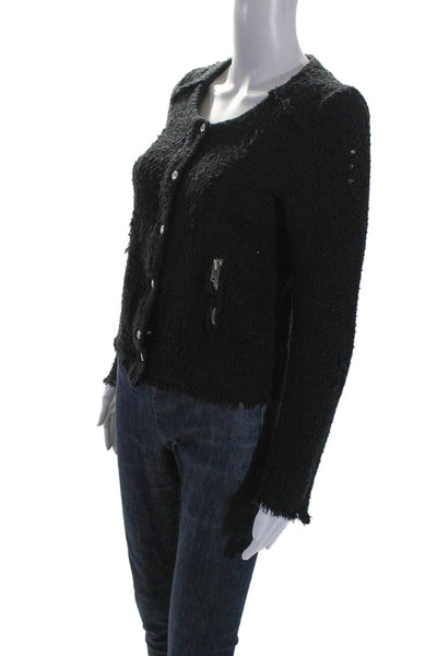 IRO Womens Cotton Tweed Frayed Hem Long Sleeve Short Jacket Black Size 1