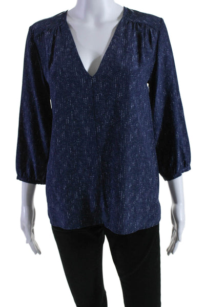 Joie Womens Silk Spotted Print V-Neck Bishop Long Sleeve Blouse Top Blue Size XS