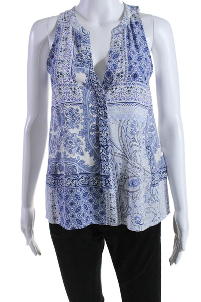 Joie Womens Silk Paisley Print V-Neck Sleeveless Buttoned Blouse Blue Size 2XS