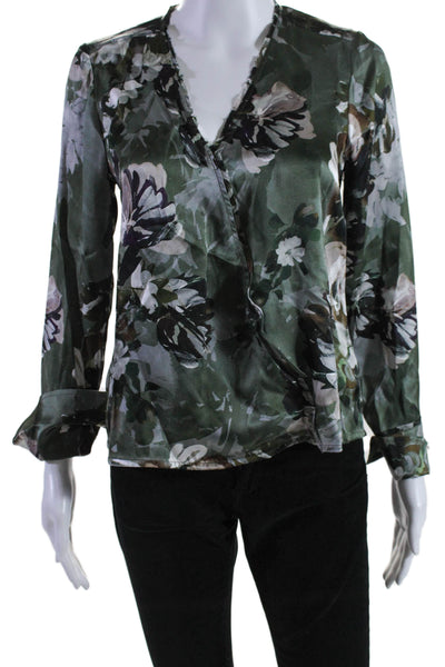 Go Silk Womens Silk Floral Print V-Neck Long Sleeve Blouse Top Green Size XS