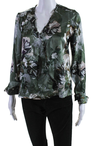 Go Silk Womens Silk Floral Print V-Neck Long Sleeve Blouse Top Green Size XS