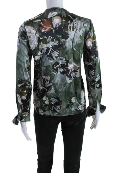 Go Silk Womens Silk Floral Print V-Neck Long Sleeve Blouse Top Green Size XS