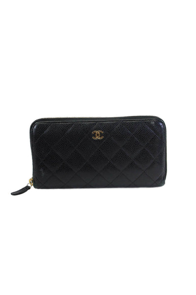 Chanel Womens Leather Quilted Texture Gold Tone Zip Around Wallet Black