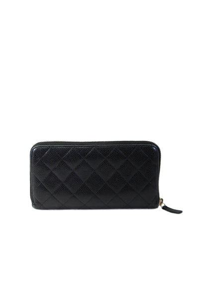 Chanel Womens Leather Quilted Texture Gold Tone Zip Around Wallet Black