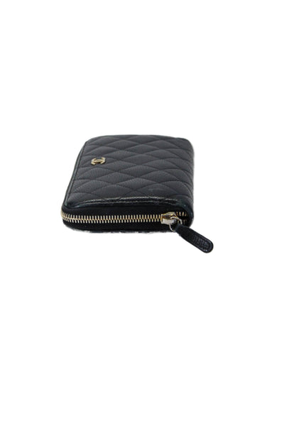 Chanel Womens Leather Quilted Texture Gold Tone Zip Around Wallet Black