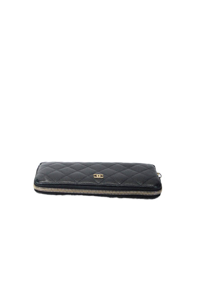 Chanel Womens Leather Quilted Texture Gold Tone Zip Around Wallet Black