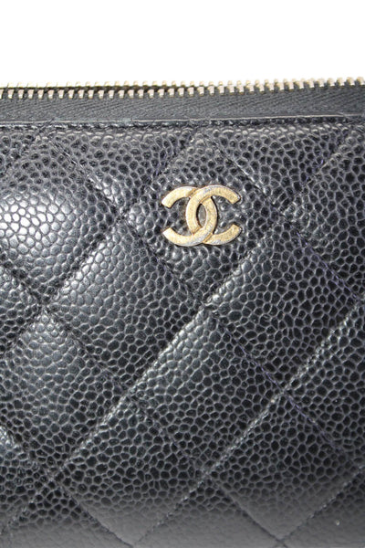 Chanel Womens Leather Quilted Texture Gold Tone Zip Around Wallet Black