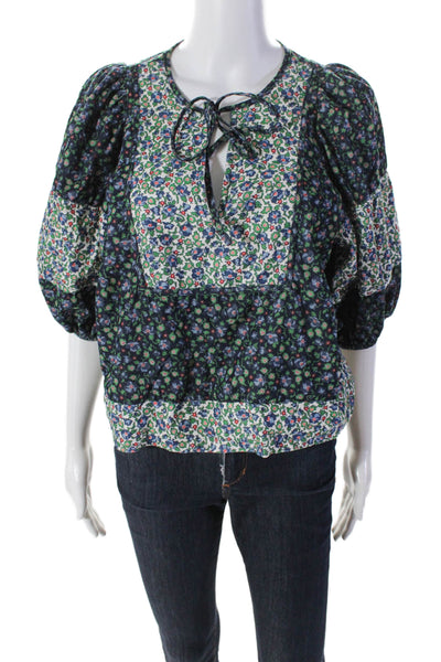 The Great Womens Cotton Corduroy Floral Print V-Neck Blouse Navy Blue Size 0