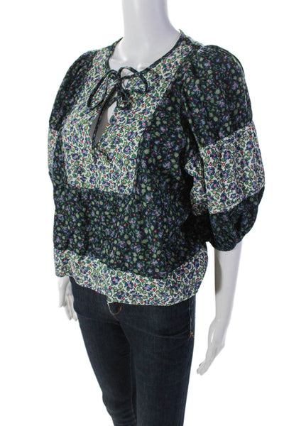 The Great Womens Cotton Corduroy Floral Print V-Neck Blouse Navy Blue Size 0