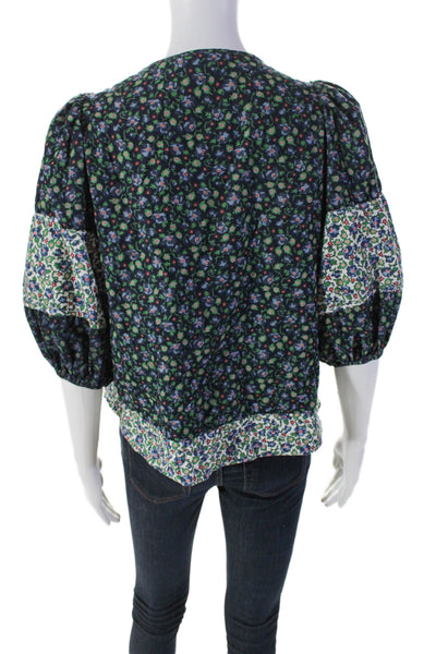 The Great Womens Cotton Corduroy Floral Print V-Neck Blouse Navy Blue Size 0