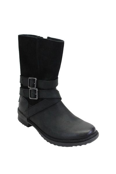 Ugg Womens Side Zip & Buckle Heeled Mid Calf Boots Suede Black Size 6