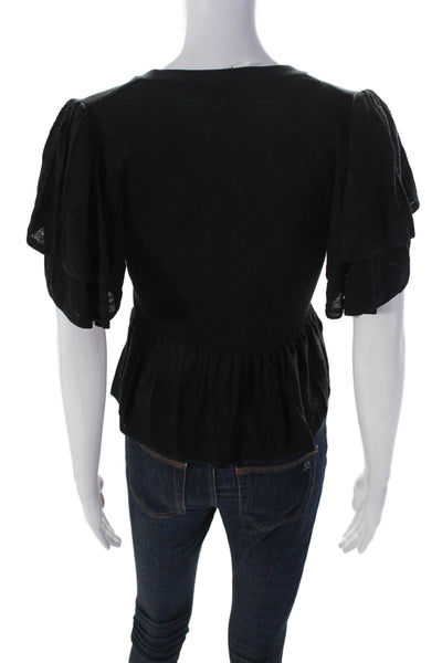 Ba&Sh Womens V-Neck Buttoned Tiered Short Sleeveless Peplum Top Black Size 4