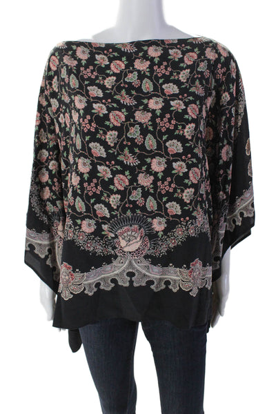 Etro Milano Womens Silk Floral Print Boat Neck Short Sleeve Blouse Black Size M