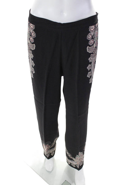 Etro Milano Womens Floral Print Pleated Front Straight Leg Trousers Black Size M