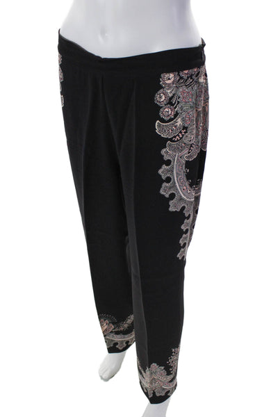 Etro Milano Womens Floral Print Pleated Front Straight Leg Trousers Black Size M