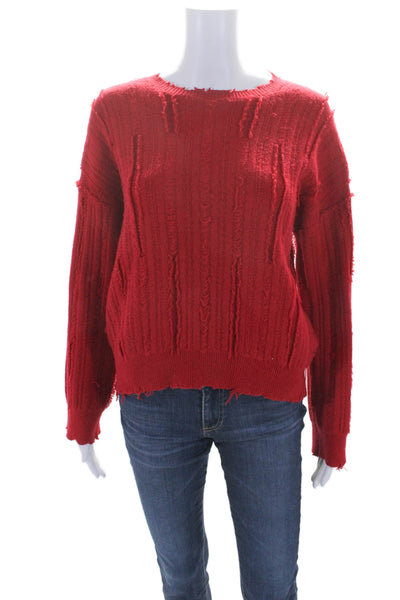 R+A Womens Pullover Scoop Neck Distressed Trim Fringe Sweater Red Size 2XS