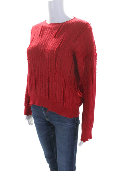 R+A Womens Pullover Scoop Neck Distressed Trim Fringe Sweater Red Size 2XS