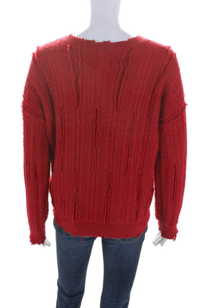 R+A Womens Pullover Scoop Neck Distressed Trim Fringe Sweater Red Size 2XS