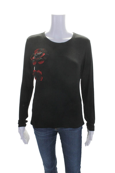 Natto Women's Round Neck Long Sleeves Embellish Blouse Black Size S