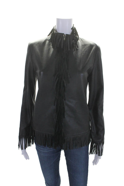 Natto Women's Round Neck Leather Fringe Full Zip Jacket Black Size XS