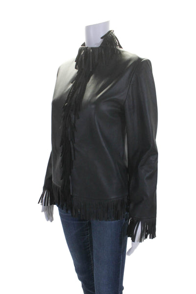 Natto Women's Round Neck Leather Fringe Full Zip Jacket Black Size XS