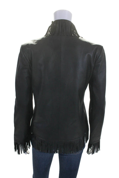 Natto Women's Round Neck Leather Fringe Full Zip Jacket Black Size XS