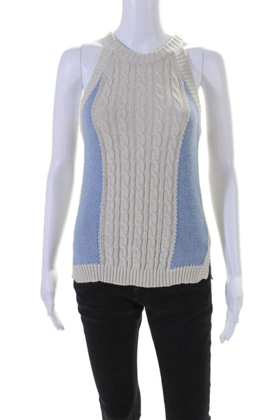 Cotton By Autumn Cashmere Womens Crew Neck Cable Knit Top White Blue Size Small