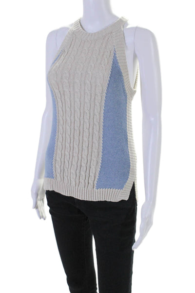 Cotton By Autumn Cashmere Womens Crew Neck Cable Knit Top White Blue Size Small