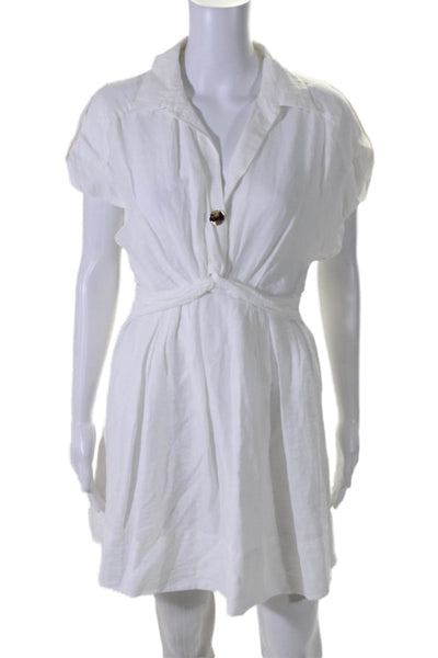 Sandro Womens Collared V-Neck Geometric Accent Short Sleeve Dress White Size M