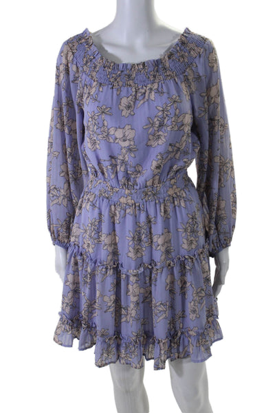 Fate. Womens Floral Print Ruched Round Neck Long Sleeve Dress Purple Size M