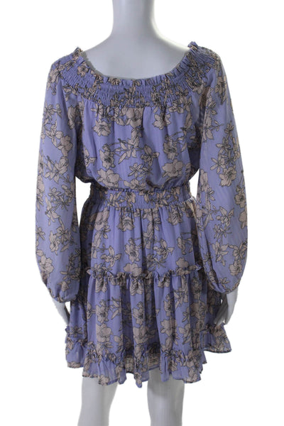 Fate. Womens Floral Print Ruched Round Neck Long Sleeve Dress Purple Size M