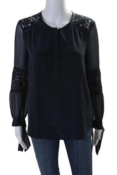 Rebecca Taylor Womens Silk Lace Patchwork Texture Long Sleeve Blouse Navy Size 4