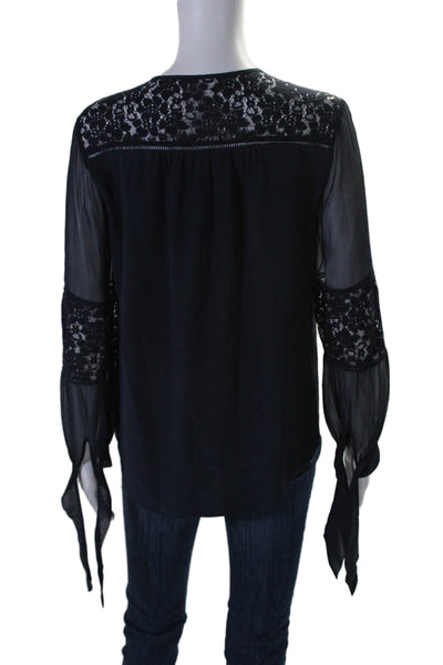 Rebecca Taylor Womens Silk Lace Patchwork Texture Long Sleeve Blouse Navy Size 4