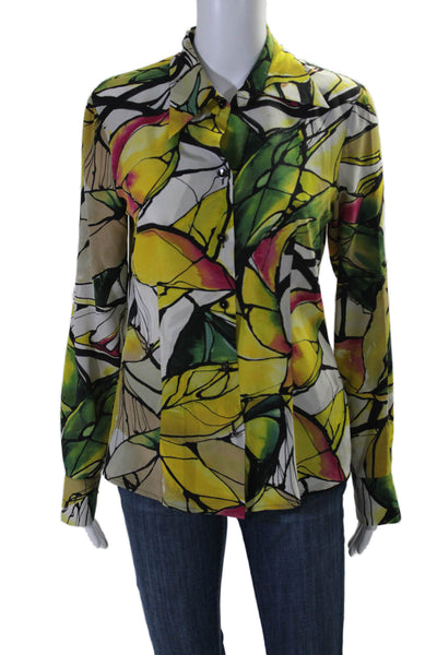 Escada Womens Silk Abstract Print Buttoned Long Sleeve Blouse Yellow Size EUR 34