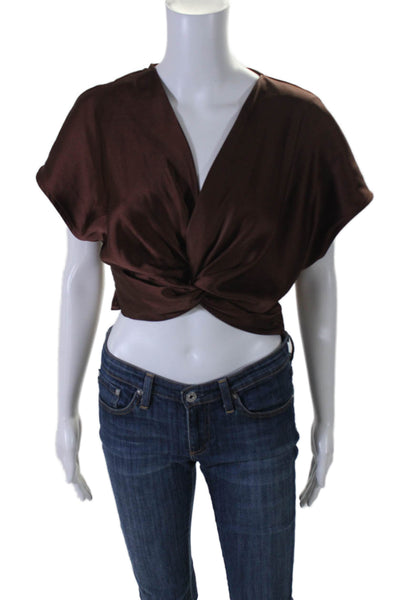 House of Harlow 1960 Womens V Neck Sleeveless V Neck Cropped Blouse Brown Medium