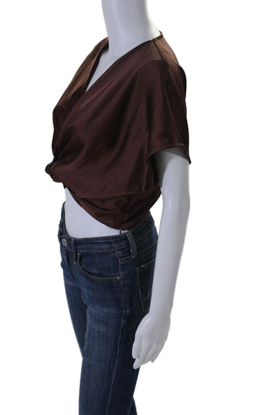 House of Harlow 1960 Womens V Neck Sleeveless V Neck Cropped Blouse Brown Medium