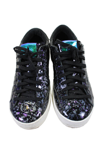 P448 Womens Leather Metallic Low Top Splatter Lace Up Sneakers Black Size 6