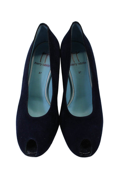 Thierry Rabotin Womens Suede Peep Toe Slide On Pumps Navy Blue Size 37 7