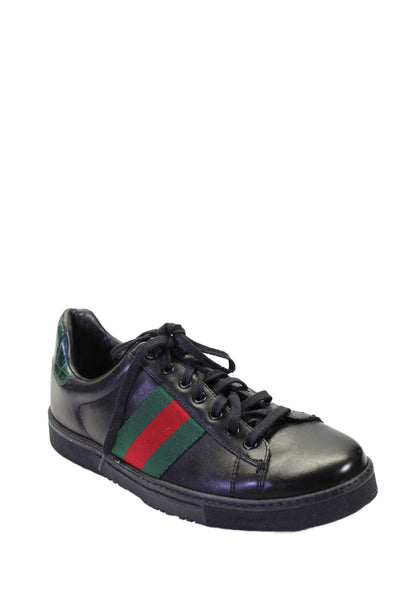 Gucci Mens Leather Low Top Ace Lace Up Sneakers Black Multi Colored Size 8 D