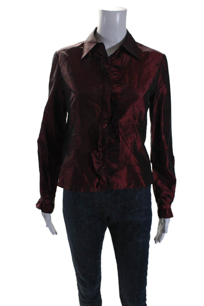 Kay Unger Womens Button Front Long Sleeve Collared Silk Shirt Red Size 4