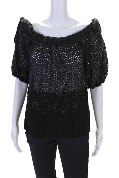 Sharis Women's Off The Shoulder Eyelet Short Sleeves Blouse Black Size 42