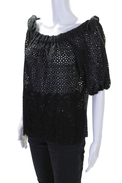 Sharis Women's Off The Shoulder Eyelet Short Sleeves Blouse Black Size 42