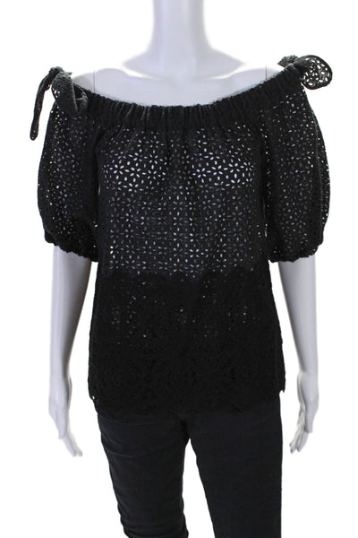 Sharis Women's Off The Shoulder Eyelet Short Sleeves Blouse Black Size 40