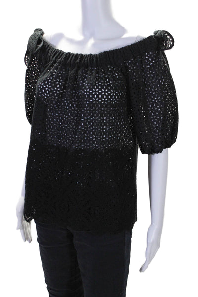 Sharis Women's Off The Shoulder Eyelet Short Sleeves Blouse Black Size 40