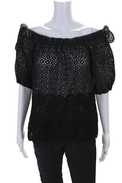 Sharis Women's Off The Shoulder Eyelet Short Sleeves Blouse Black Size 44