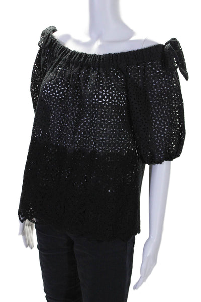 Sharis Women's Off The Shoulder Eyelet Short Sleeves Blouse Black Size 44