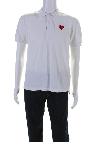 Play Comme Des Garcons Mens Short Sleeve Heart Logo Polo Shirt White Size Large